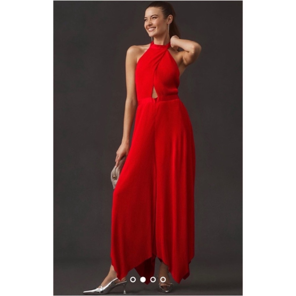 Anthropologie Plisse Halter Jumpsuit Red Halter
Jumpsuit with Keyhole wide legs